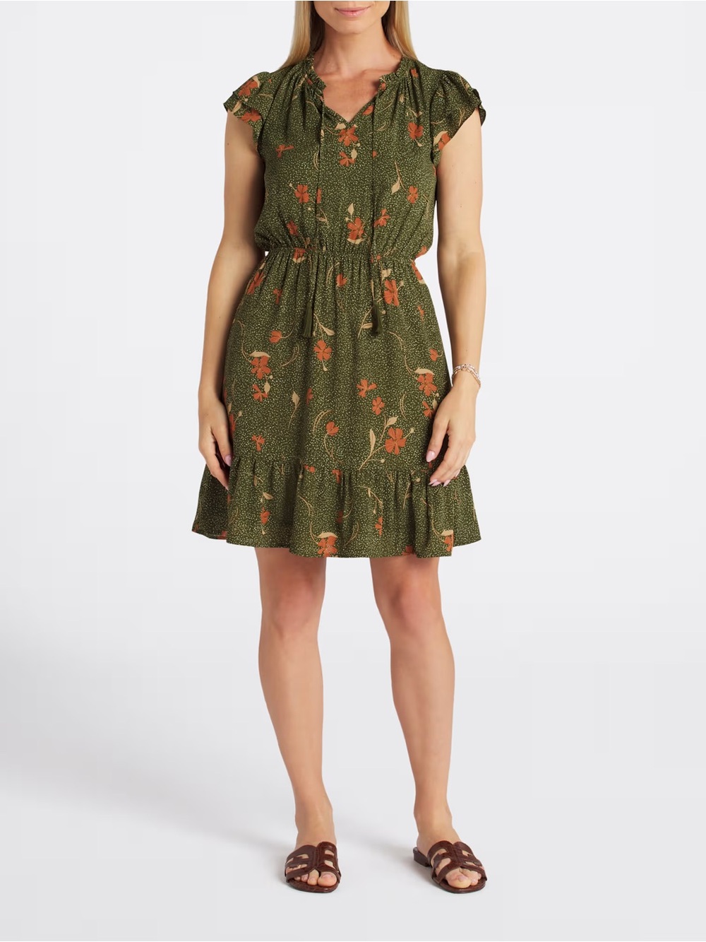 LES SEREIN Clio Olive Floral Flutter Sleeve Aline Dress Large